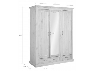 Guarda roupas de madeira maciça rústica com 3 portas 2 gavetas e espelho acabamento branco lavado e cera | Coleção England